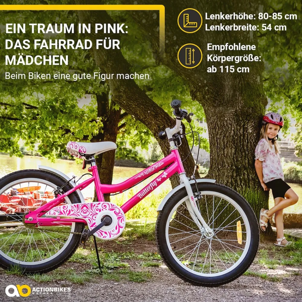 Actionbikes Motors Actionbikes Kinderfahrrad Butterfly 20 Zoll, Pink, Fahrradständer, Kettenschutz, Antirutschgriffe Weiß/Pink Clearance
