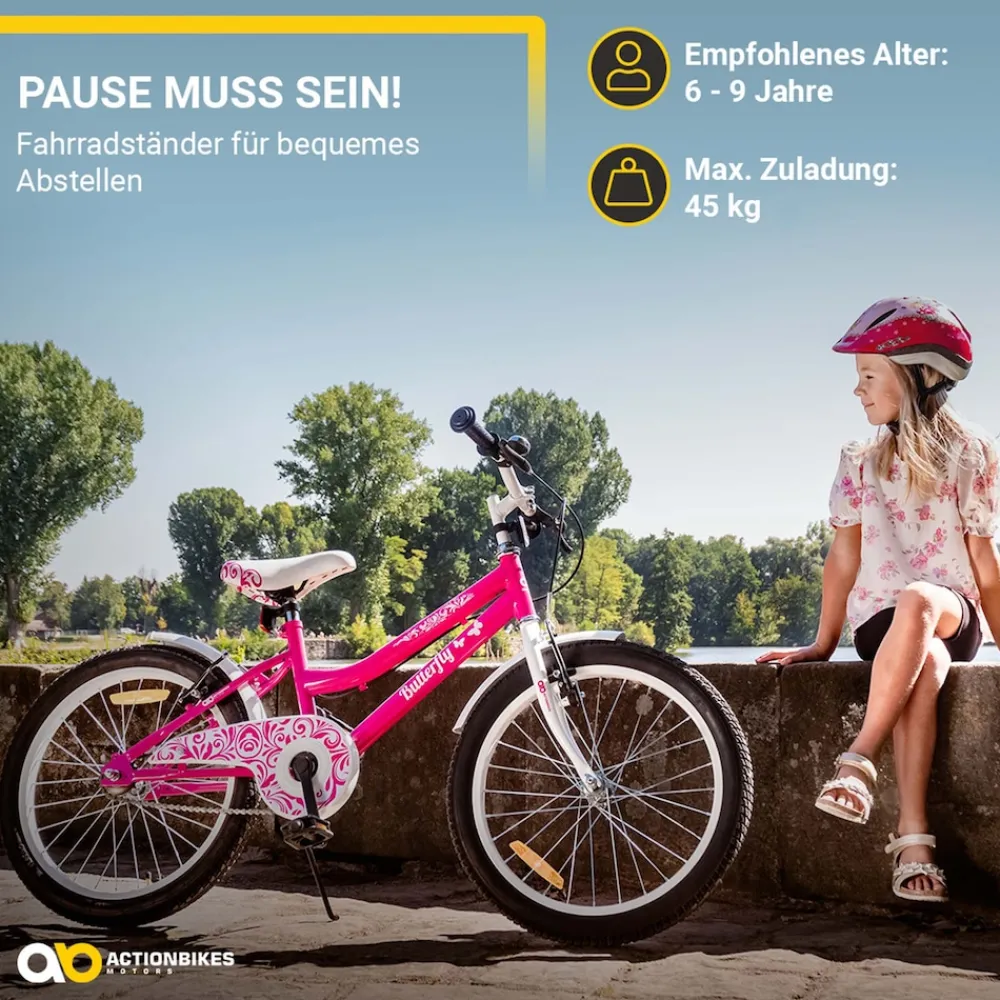 Actionbikes Motors Actionbikes Kinderfahrrad Butterfly 20 Zoll, Pink, Fahrradständer, Kettenschutz, Antirutschgriffe Weiß/Pink Clearance