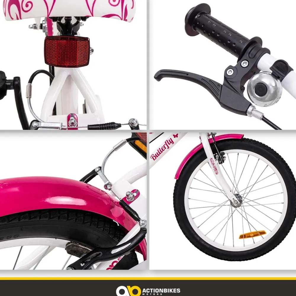 Actionbikes Motors Actionbikes Kinderfahrrad Butterfly 20 Zoll, Pink, Fahrradständer, Kettenschutz, Antirutschgriffe Weiß/Pink Clearance