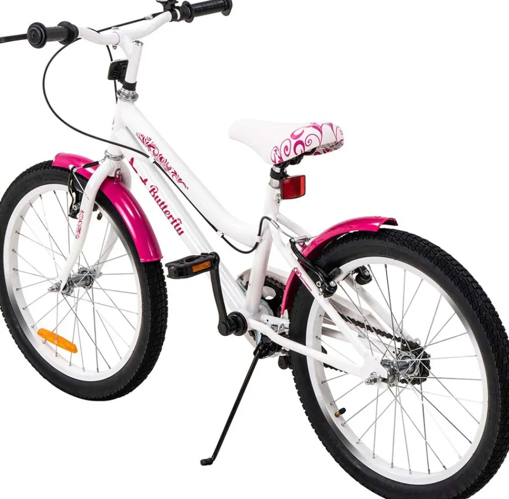 Actionbikes Motors Actionbikes Kinderfahrrad Butterfly 20 Zoll, Pink, Fahrradständer, Kettenschutz, Antirutschgriffe Weiß/Pink Clearance