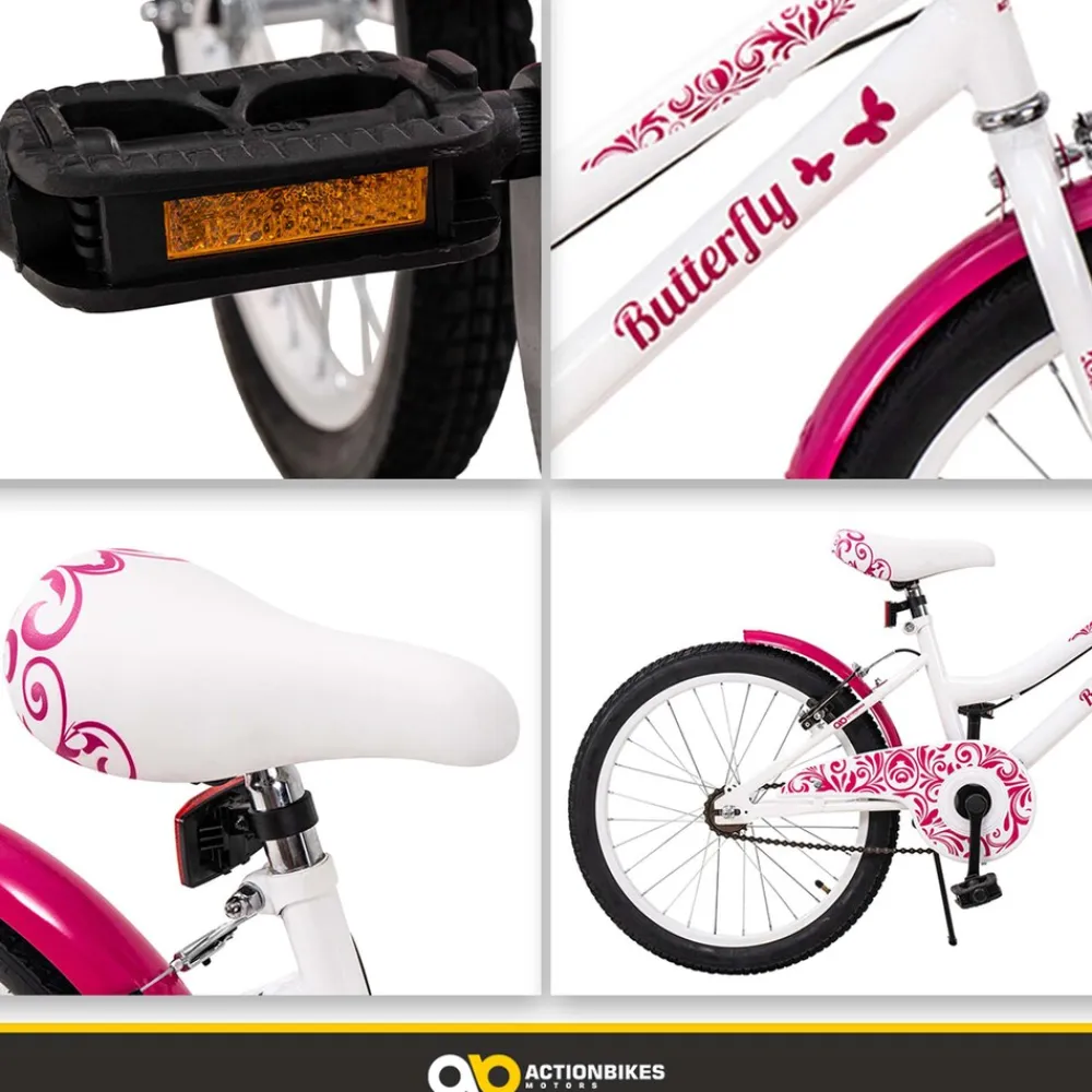Actionbikes Motors Actionbikes Kinderfahrrad Butterfly 20 Zoll, Pink, Fahrradständer, Kettenschutz, Antirutschgriffe Weiß/Pink Clearance