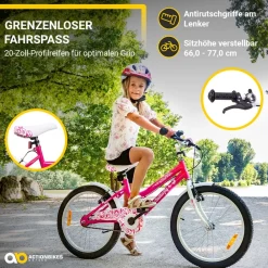 Actionbikes Motors Actionbikes Kinderfahrrad Butterfly 20 Zoll, Pink, Fahrradständer, Kettenschutz, Antirutschgriffe Weiß/Pink Clearance