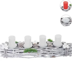 MCW Adventsgesteck länglich, Weihnachtsdeko Adventskranz, Holz 60x16x9cm weiß-grau ~ mit Kerzen, weiß Discount