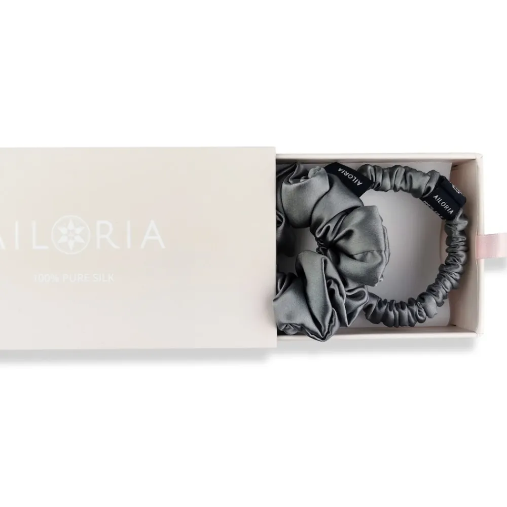 AILORIA Set Scrunchies S und M aus Seide DOUX grau Clearance