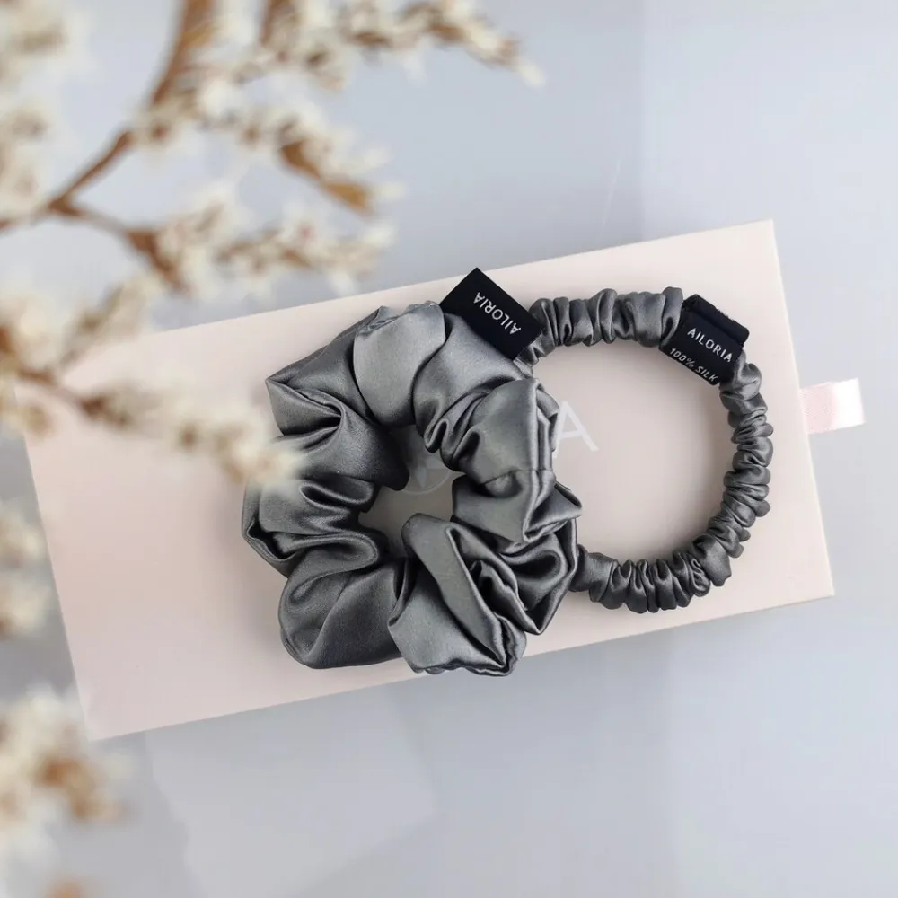 AILORIA Set Scrunchies S und M aus Seide DOUX grau Clearance