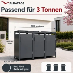 ALBATROS Mülltonnenbox 3er Hauswandversion, 120L bis 240L, für Drei Tonnen, verzinktes Metall RAL7016 Anthrazit, offene Rückseite, bessere Belüftung, wetterfest, ISO9227, verstellbare Füße Best