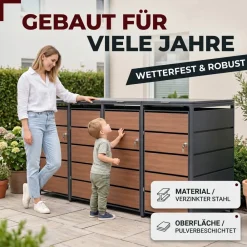 ALBATROS Mülltonnenbox 4er Holzdekor, 120L bis 240L, für Vier Tonnen, Mülltonnenverkleidung aus verzinktem Metall mit Holzdekor-Front, Anthrazit Grau RAL7016, abschließbar, wetterfest, geprüft nach ISO9227, mit Aufkleber Set Best