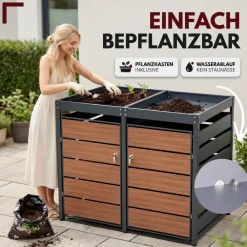 Mülltonnenbox 2er Holzdekor mit Pflanzkasten, 120L bis 240L, für Zwei Tonnen, Metall, Anthrazit Grau RAL7016, abschließbar, wetterfest, geprüft ISO9227, mit Aufkleber Set ^ ALBATROS Hot