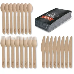 amscan - BBQ Party Set - Holz-Besteck (24 Teile) + Servietten (20 Stück) Besteck Party grillen Discount