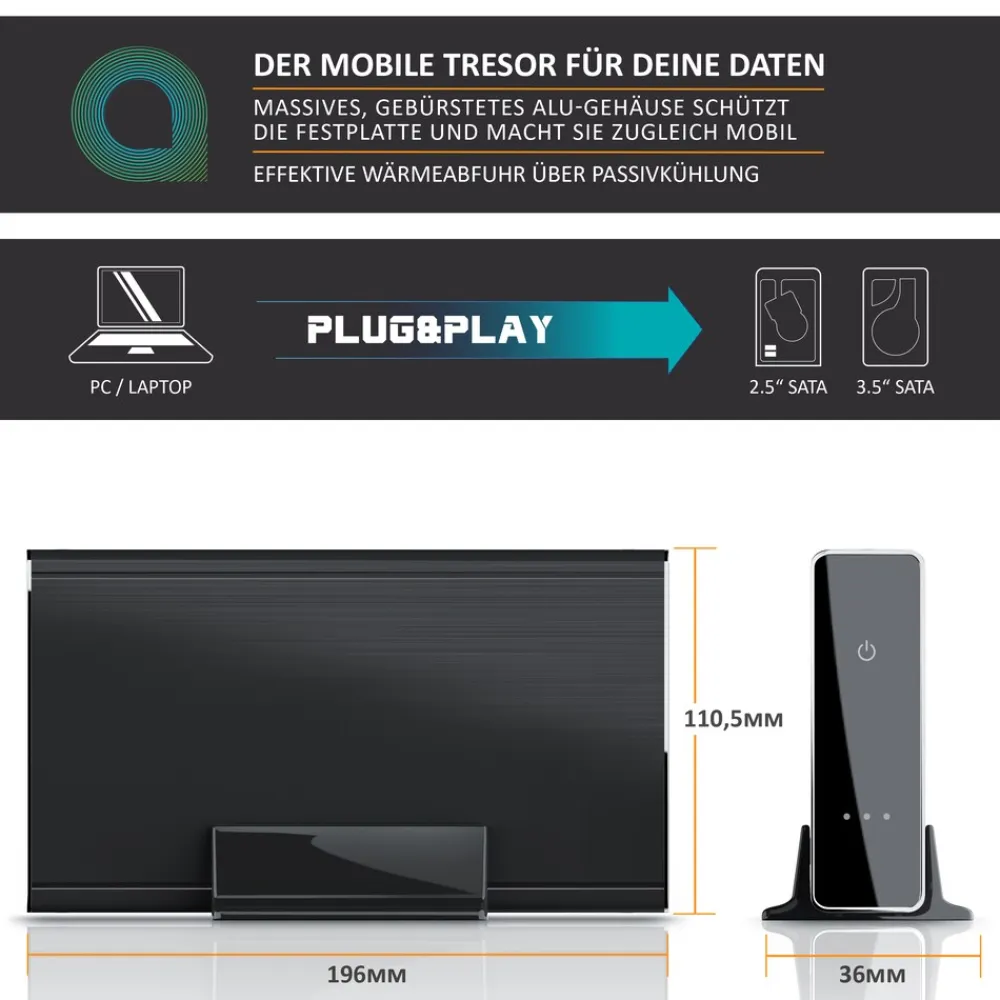 USB 3.0 Festplattengehäuse 3,5 Zoll extern - gebürstetes Aluminium - für SSD und HDD - SATA - UASP - Super Speed 5 Gbit s - Plug and Play ^ Aplic Clearance