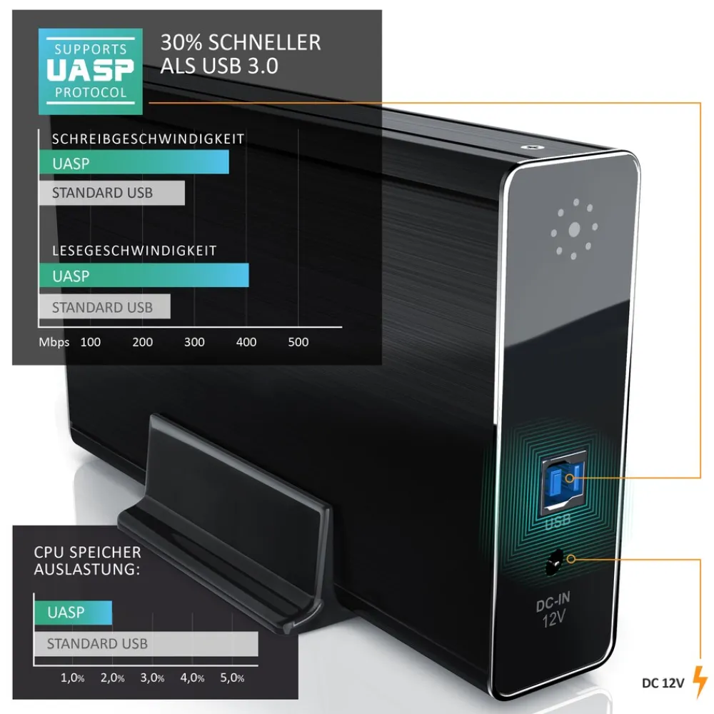 USB 3.0 Festplattengehäuse 3,5 Zoll extern - gebürstetes Aluminium - für SSD und HDD - SATA - UASP - Super Speed 5 Gbit s - Plug and Play ^ Aplic Clearance