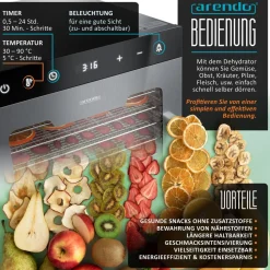 Arendo Dörrautomat Edelstahl, Temperaturregler von 30° bis 90°C, Dörrgerät, Dehydrator, 800 W, 10 Etagen, Obst, Fisch, Fleisch Dörrapparat, Obsttrockner, Timer 0,5-24 Stunden Online