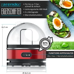 Eierkocher Edelstahl, 400 W, Warmhaltefunktion, Härtegrad einstellbar, für 7 Eier ^ Arendo Best