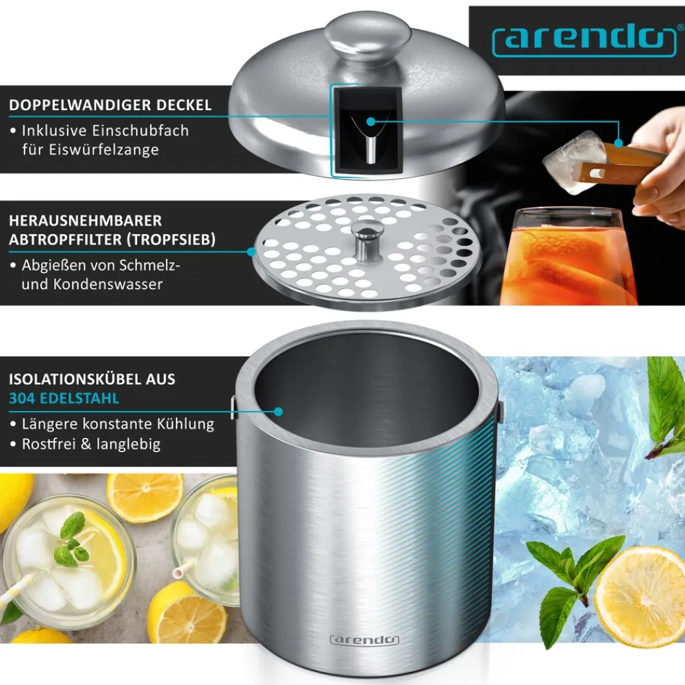 Arendo Eiseimer, Edelstahl, 1,3 l, doppelwandig, mit Deckel