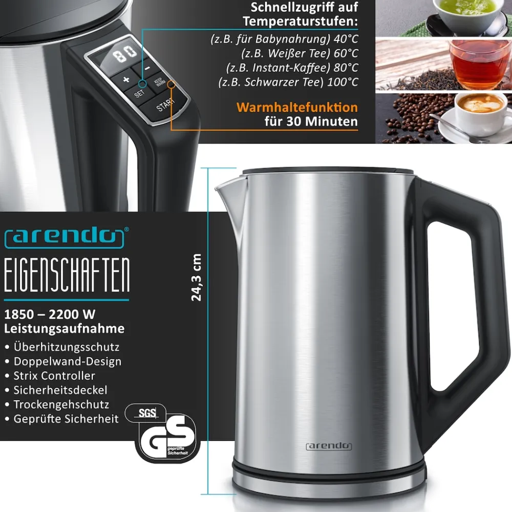 Arendo Frühstücks-Set in silber - Wasserkocher / Toaster / Eierkocher Outlet