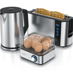 Frühstücks-Set in silber - Wasserkocher / Toaster / Eierkocher ^ Arendo