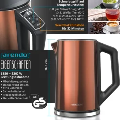 Frühstücks-Set, 4-Scheiben Langschlitztoaster, Wasserkocher 2200W, 6er Eierkocher, Kupfer ^ Arendo Clearance