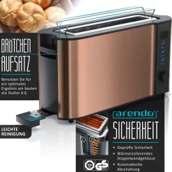 Arendo Frühstücksset 2-teilig, Langschlitztoaster für 2 Scheiben, Wasserkocher Edelstahl 1,5 Liter, Kupfer