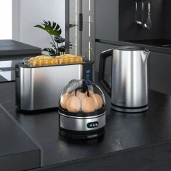 Frühstücksset 3-teilig, 1,5l Wasserkocher, 4-Scheiben Langschlitz Toaster, 7er Eierkocher, Silber ^ Arendo