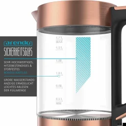 Glas Wasserkocher, 1,7l, Cool Touch, edles Kupfer Design ^ Arendo Outlet