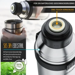 Isolierflasche, Edelstahl, BPA-frei, hält warm & kalt, 1 Liter ^ Arendo Outlet