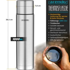 Isolierflasche 1 L, Edelstahl Thermoflasche, BPA-frei, geschmacksneutral, für unterwegs, hält kalt & warm ^ Arendo Discount