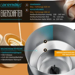 Arendo Milchaufschéumer 4in1 Induktion, warm & kalt Schaum, , Edelstahl, Latte Art, Milk, , spiilmaschinengeeignet, Hafermilch, Kakao, Filllskala, Elektrisch Best
