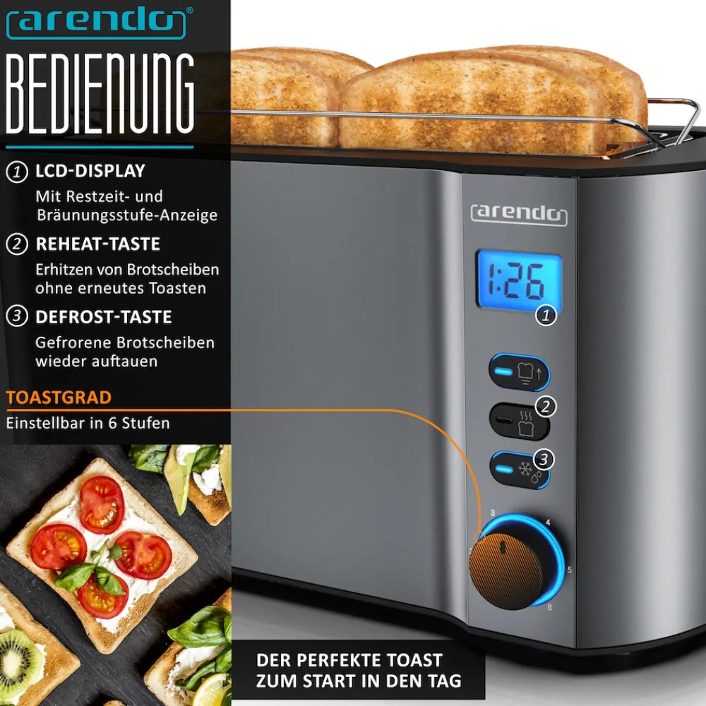 - SET Toaster MANHA mit Eierkocher SEVENCOOK Edelstahl Grau, Toaster 4 Scheiben, LED-Display, 6 Bräunungsgrade, Brötchenhalter - Eierkocher 1-7 ^ Arendo New