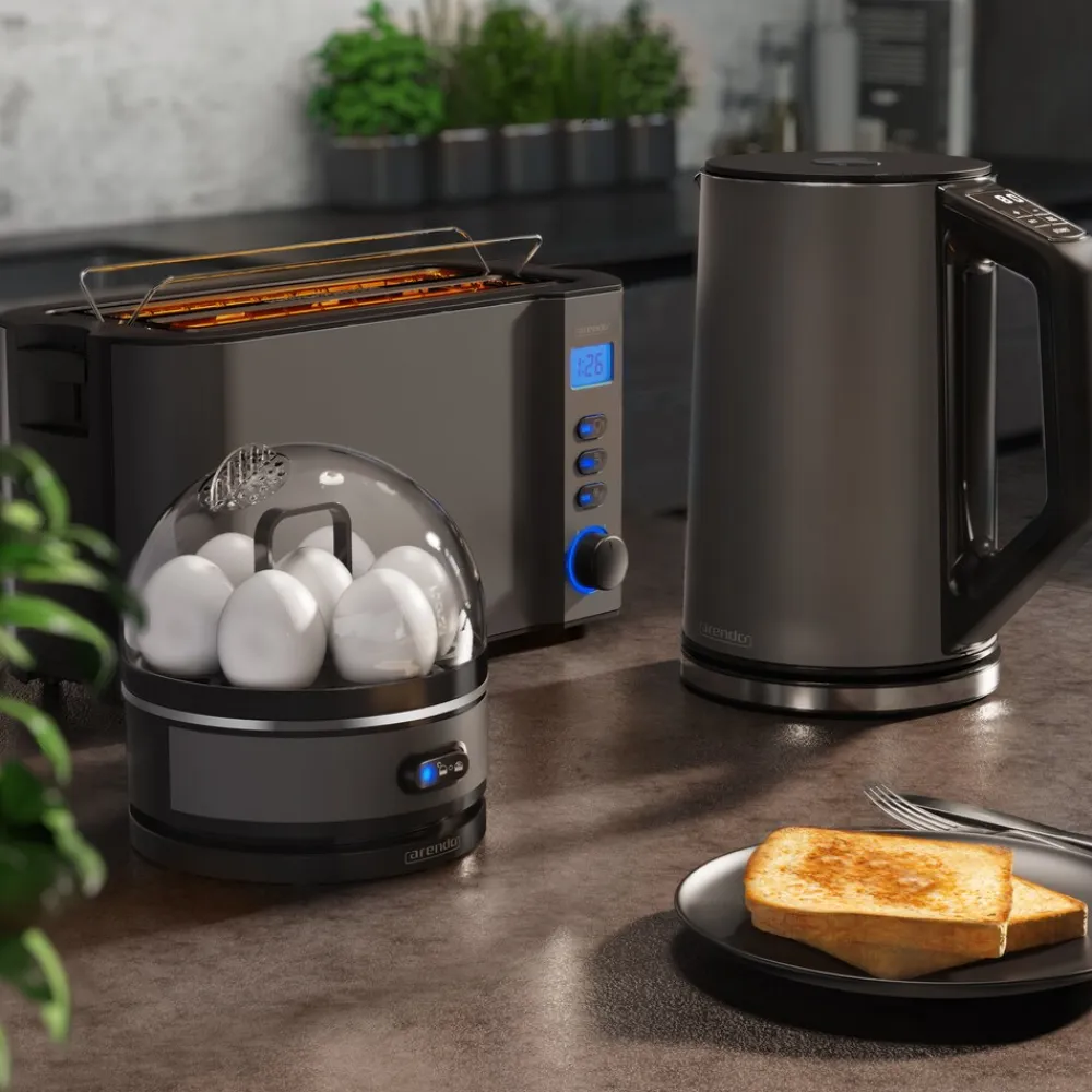 - SET Toaster MANHA mit Eierkocher SEVENCOOK Edelstahl Grau, Toaster 4 Scheiben, LED-Display, 6 Bräunungsgrade, Brötchenhalter - Eierkocher 1-7 ^ Arendo New