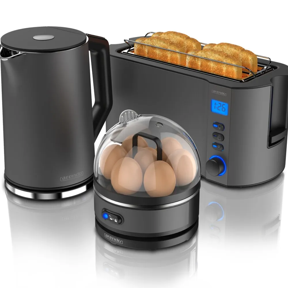 - SET Toaster MANHA mit Eierkocher SEVENCOOK Edelstahl Grau, Toaster 4 Scheiben, LED-Display, 6 Bräunungsgrade, Brötchenhalter - Eierkocher 1-7 ^ Arendo New