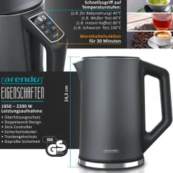 Arendo 2-teiliges Frühstücks-Set, Langschlitztoaster 4 Scheiben & Edelstahl Wasserkocher 1,5L, Grau Discount