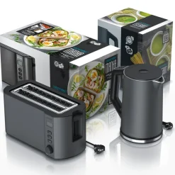 Arendo 2-teiliges Frühstücks-Set, Langschlitztoaster 4 Scheiben & Edelstahl Wasserkocher 1,5L, Grau Discount