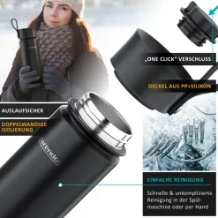Thermoflasche 0,5 l, Edelstahl Isolierflasche, BPA-frei, für unterwegs, geschmacksneutral, hält kalt & warm ^ Arendo