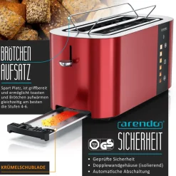 Arendo Toaster Edelstahl, Langschlitz, Touch Display, Bräunungsgrad- & Restzeitanzeige, 2 lange Schlitze, 4 Scheiben, 1500 W, Brötchenaufsatz, wärmeisoliert Clearance