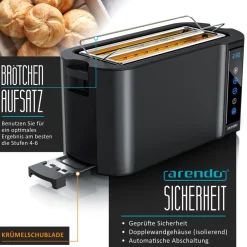 Arendo Toaster für 4 Scheiben Langschlitz 1500 W, Brötchenaufsatz, Wärmeisoliert, Display, Touch, Schwarz Discount