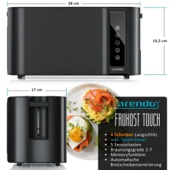 Arendo Toaster für 4 Scheiben Langschlitz 1500 W, Brötchenaufsatz, Wärmeisoliert, Display, Touch, Schwarz Discount
