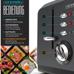 Arendo Toaster für 4 Scheiben, 1630 W, Automatik, Edelstahl, Wärmeisolierendes Doppelwandgehäuse, grau Clearance