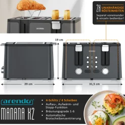 Arendo Toaster, 4 kurze Schlitze, für 4 Scheiben, 1750 W, Automatik, Edelstahl, Wärmeisolierendes Doppelwandgehäuse Hot