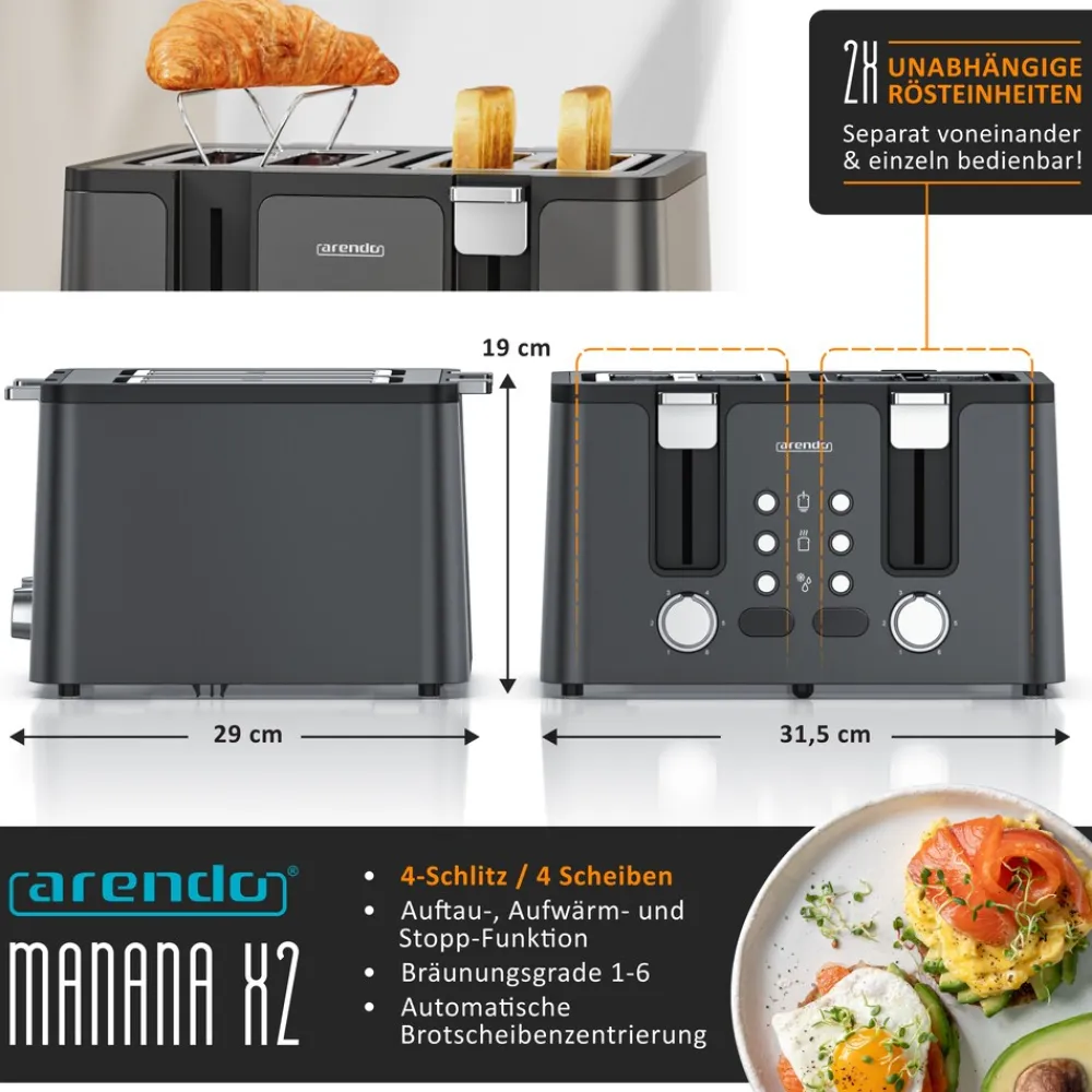 Arendo Toaster, 4 kurze Schlitze, für 4 Scheiben, 1750 W, Automatik, Edelstahl, Wärmeisolierendes Doppelwandgehäuse Hot