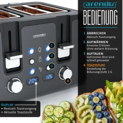 Arendo Toaster, 4 kurze Schlitze, für 4 Scheiben, 1750 W, Automatik, Edelstahl, Wärmeisolierendes Doppelwandgehäuse Hot