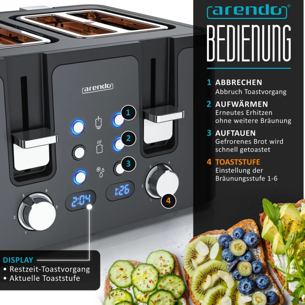 Arendo Toaster, 4 kurze Schlitze, für 4 Scheiben, 1750 W, Automatik, Edelstahl, Wärmeisolierendes Doppelwandgehäuse Hot