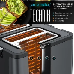 Arendo Toaster, 4 kurze Schlitze, für 4 Scheiben, 1750 W, Automatik, Edelstahl, Wärmeisolierendes Doppelwandgehäuse Hot
