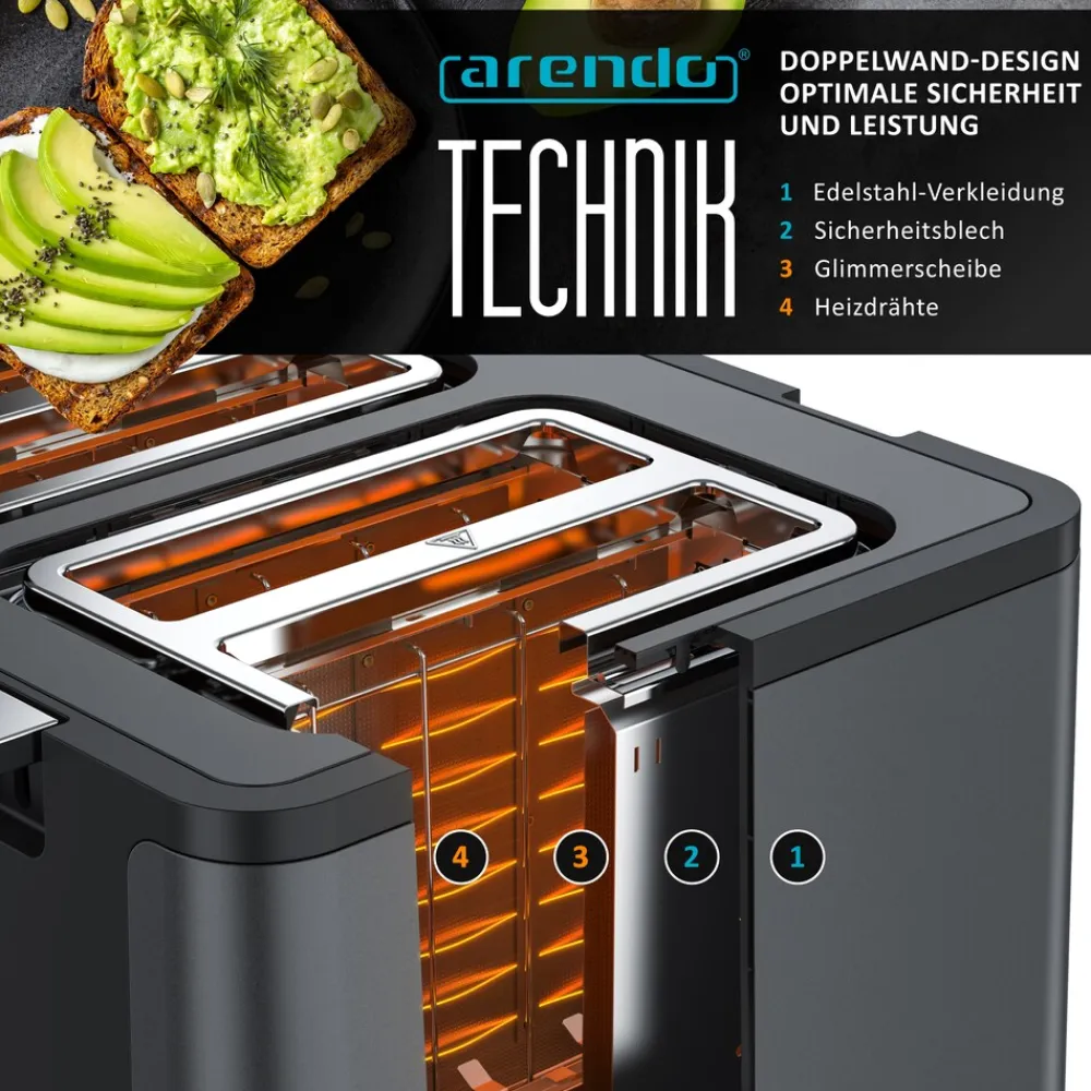Arendo Toaster, 4 kurze Schlitze, für 4 Scheiben, 1750 W, Automatik, Edelstahl, Wärmeisolierendes Doppelwandgehäuse Hot