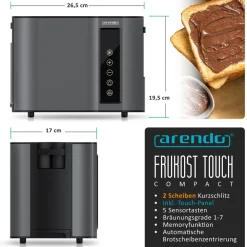 Arendo Toaster Kurzschlitz, Brötchenaufsatz, Wärmeisoliertes Gehäuse, Display, Touch Clearance