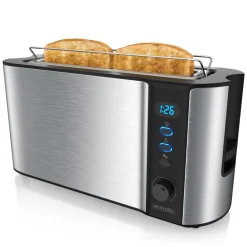 Toaster Langschlitz für 2 Scheiben, 1000 W, Brötchenaufsatz, Wärmeisoliert, Display, Edelstahl ^ Arendo New