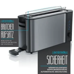Arendo Toaster Langschlitz für 2 Scheiben, 1000 W, Brötchenaufsatz, Wärmeisoliert, Display, grau Online