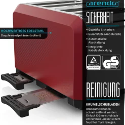 Arendo Toaster 4-Schlitz im Edelstahlgehäuse für 4 Scheiben, extrabreite Röstschlitze, leichte Reinigung, Rot Online