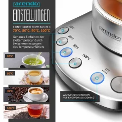 Wasserkocher 1,7 l, 2400 W, Edelstahl mit Teeaufsatz, Teekocher, Temperatureinstellung 70 - 100° C ^ Arendo Hot