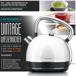 Arendo Wasserkocher 1,7 l, 2200 W, Edelstahl, Retro Style, Vintage, Überhitzungs & Trockenkochschutz, weiß Outlet