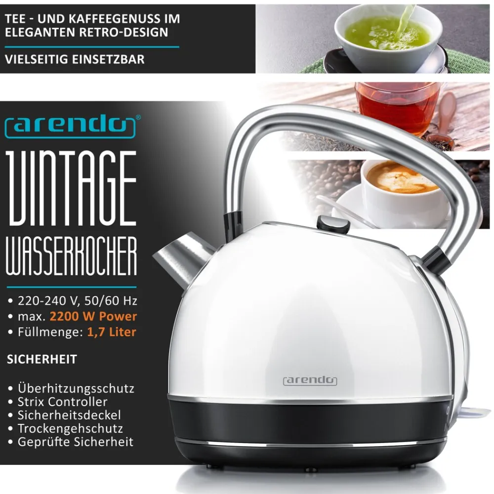 Arendo Wasserkocher 1,7 l, 2200 W, Edelstahl, Retro Style, Vintage, Überhitzungs & Trockenkochschutz, weiß Outlet